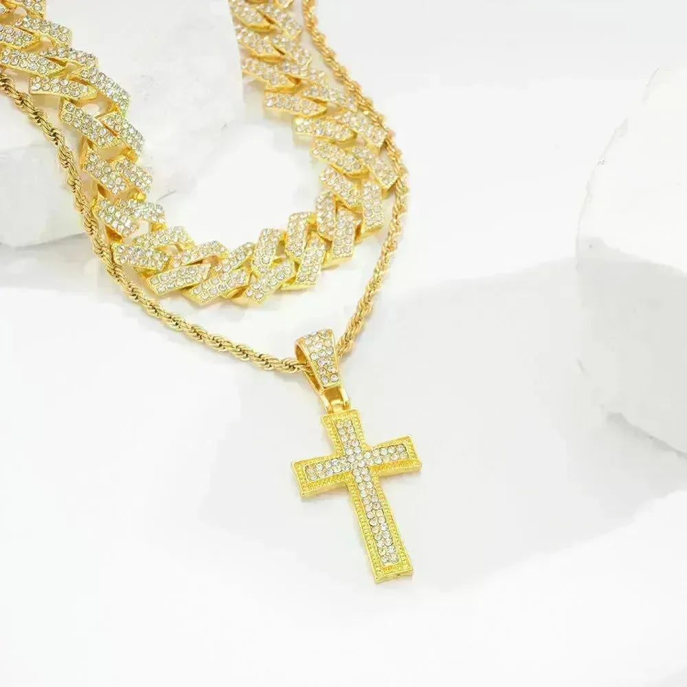 Full Diamond Cross Pendant Cuban Link Chain - EX-STOCK CANADA