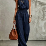 Navy Women's Halter Neck Backless Wide-Leg Jumpsuit | Sleeveless Lace-Up Onesie