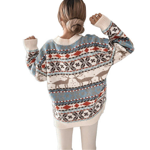 Women's Fashion Round Neck Loose Christmas Theme Jacquard Long Sleeve Sweater EX-STOCK Canada 