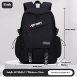 Black backpack with measurements and brand name on a gray background