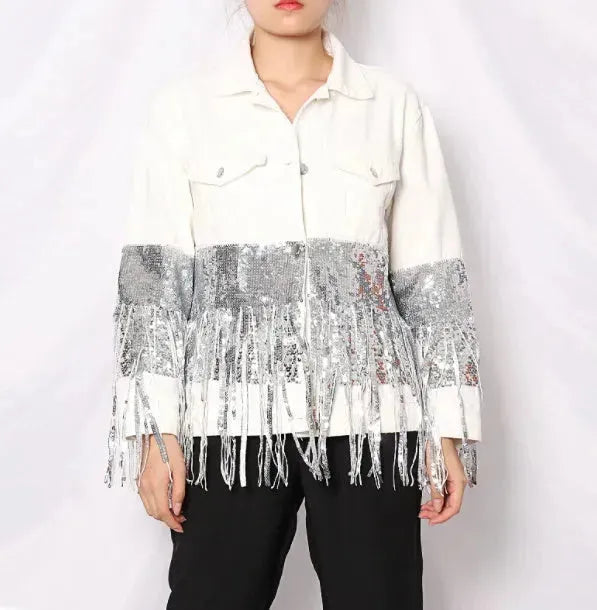 Lapel Pocket Heavy Industry Sequins Tassel  Loose Ripped Denim Jacket Women - EX-STOCK CANADA
