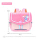 Pink children's backpack with unicorn design and measurements on a white background