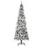 7.5 Foot Pencil Snow Flocked Artificial Christmas Tree With 950 Pine Realistic Branches, Pine Cones, Red Berries, Auto Open, Green EX-STOCK Canada 