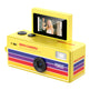 Yellow mini camera with a screen displaying a woman, on a white background