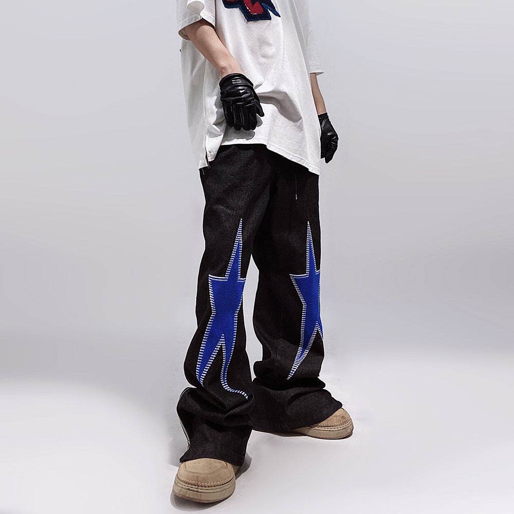 Five-pointed Star Embroidery Denim Horn Loose Straight Casual All-match Mop Jeans Baggy Trousers Men - EX-STOCK Canada