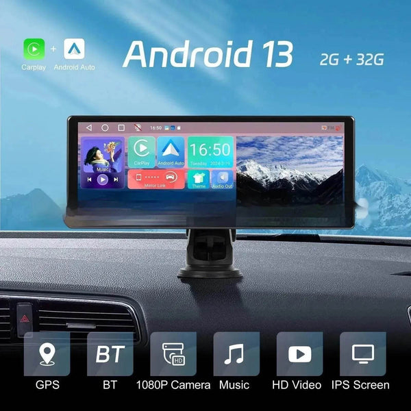 شاشة عرض سيارة ذكية تعمل باللمس بحجم 11.3 بوصة، نظام أندرويد 13، دعم CarPlay وAndroid Auto اللاسلكي، بلوتوث، ناقل FM، دعم كاميرا الرجوع