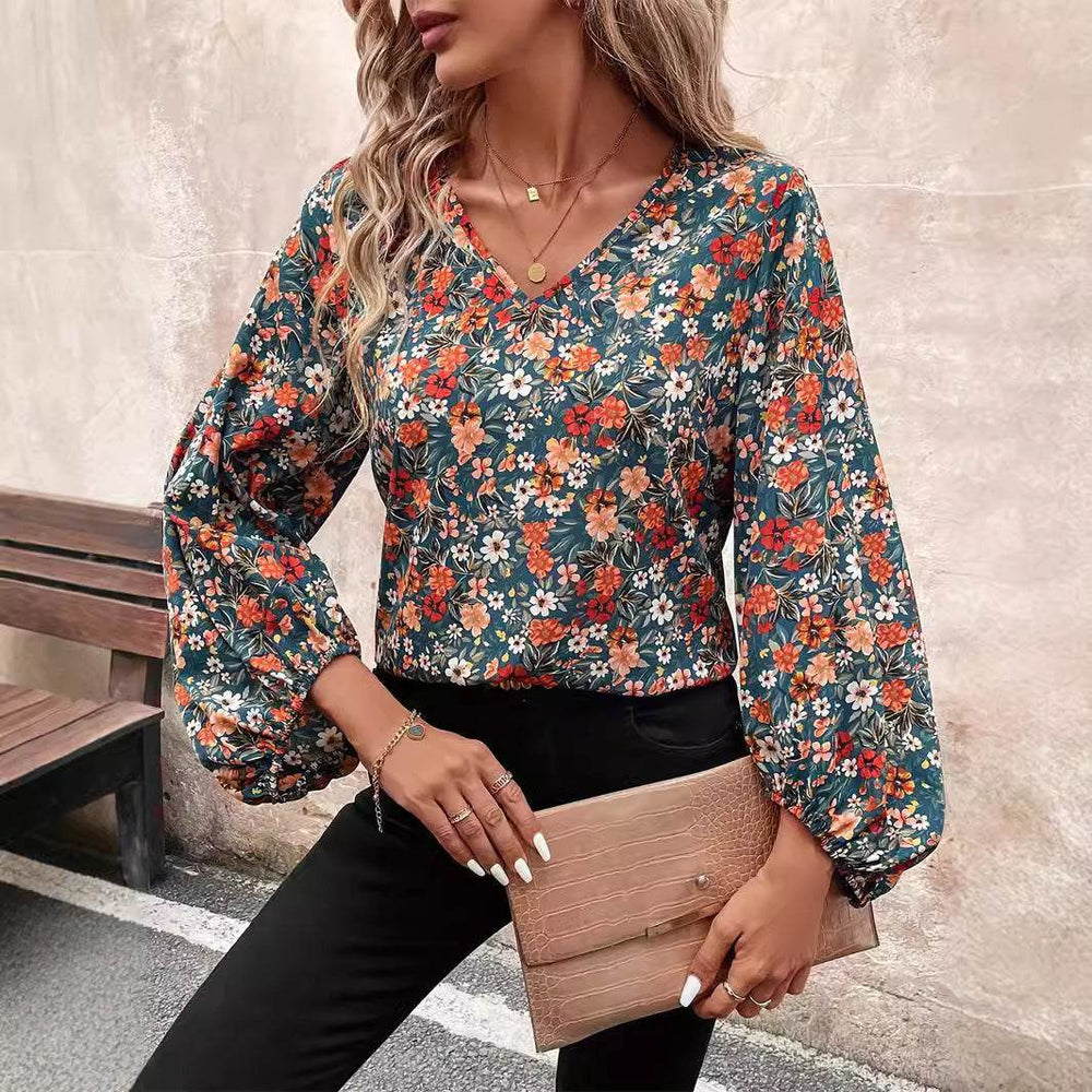 Women's V-neck Lantern Long Sleeve Shirt Autumn casual blouse top - EX-STOCK Canada