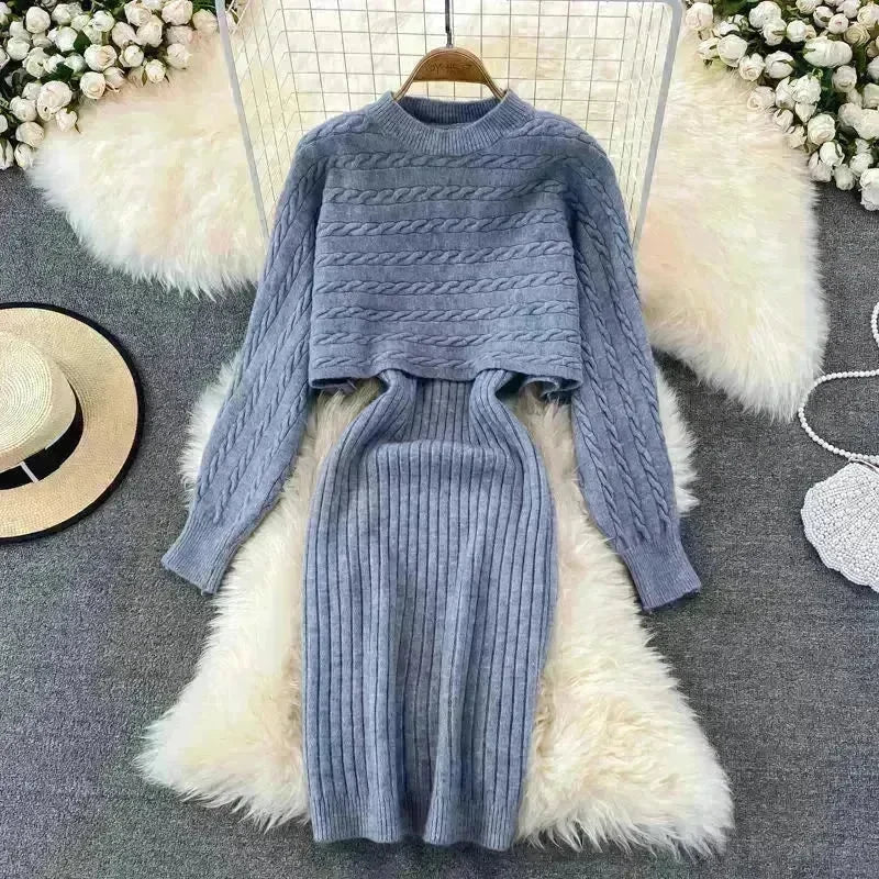 Autumn Winter Sassy Woolen Knitted Two Piece Midi Sweater Dress Outfit set - EX-STOCK CANADA