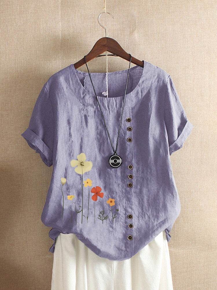 Casual Summer Beach Cotton And Linen Printed Elegant Short Sleeve blouse Top Women - EX-STOCK Canada