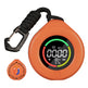 Orange digital CO2 monitor with a carabiner on a white background
