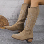 Women's Retro Pointed Toe Chunky Heel Solid Color Side Zipper Mid-calf Cowboy Boot - EX-STOCK Canada