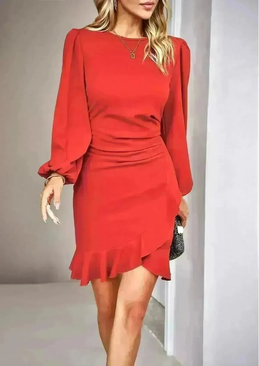 Women's Puff Long Sleeve Fashion Solid Color Bodycon Formal Dress Women Clothing - EX-STOCK CANADA