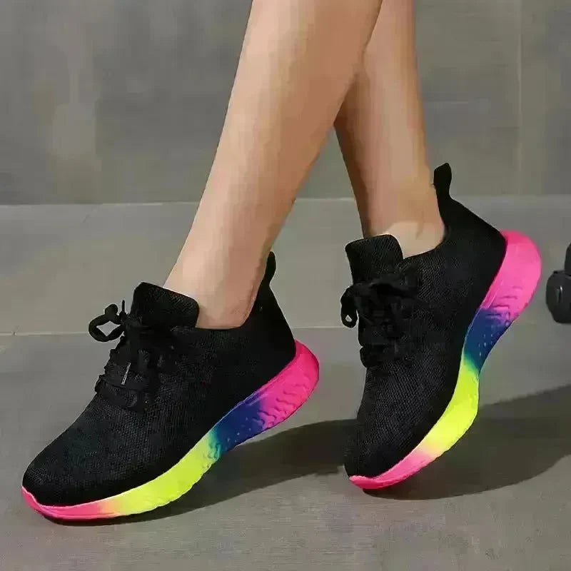 Lace-up Mesh Shoes With Rainbow Sole Design Fashion Walking Running Sports Shoes Sneakers For Women - EX-STOCK CANADA