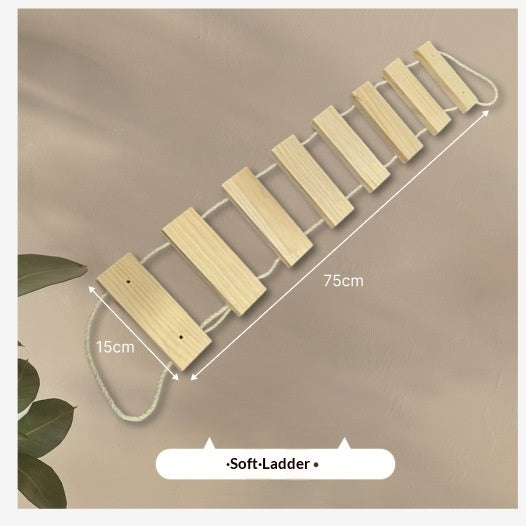 A wooden soft ladder with light natural wood slats and white rope handles, shown on a beige background with overlaid dimension labels reading 75cm and 15cm.