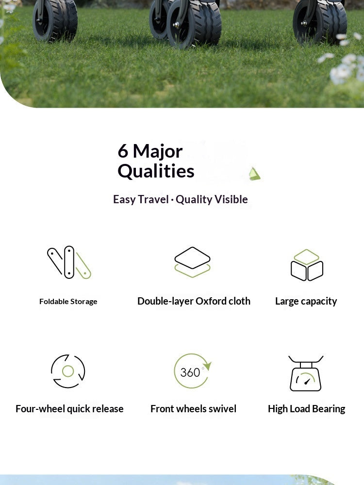 An infographic detailing the features of a four-wheel wheelchair or pram on a green grass background. The top section shows the black wheels on the grass, and the bottom section is a white panel with icons and text highlighting '6 Major Qualities' including foldable storage, double-layer oxford cloth, large capacity, four-wheel quick release, front wheels swivel, and high load bearing.