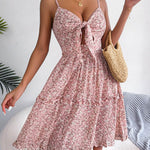 Spring And Summer Floral Bow V-neck Ruffled Large Swing Dress - EX-STOCK Canada
