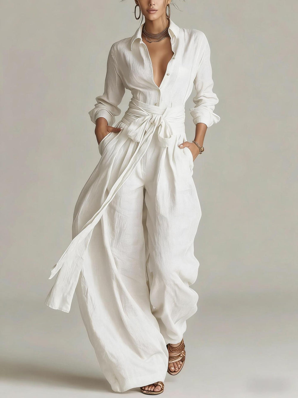 Long-sleeve shirt and wide-leg pants matching set