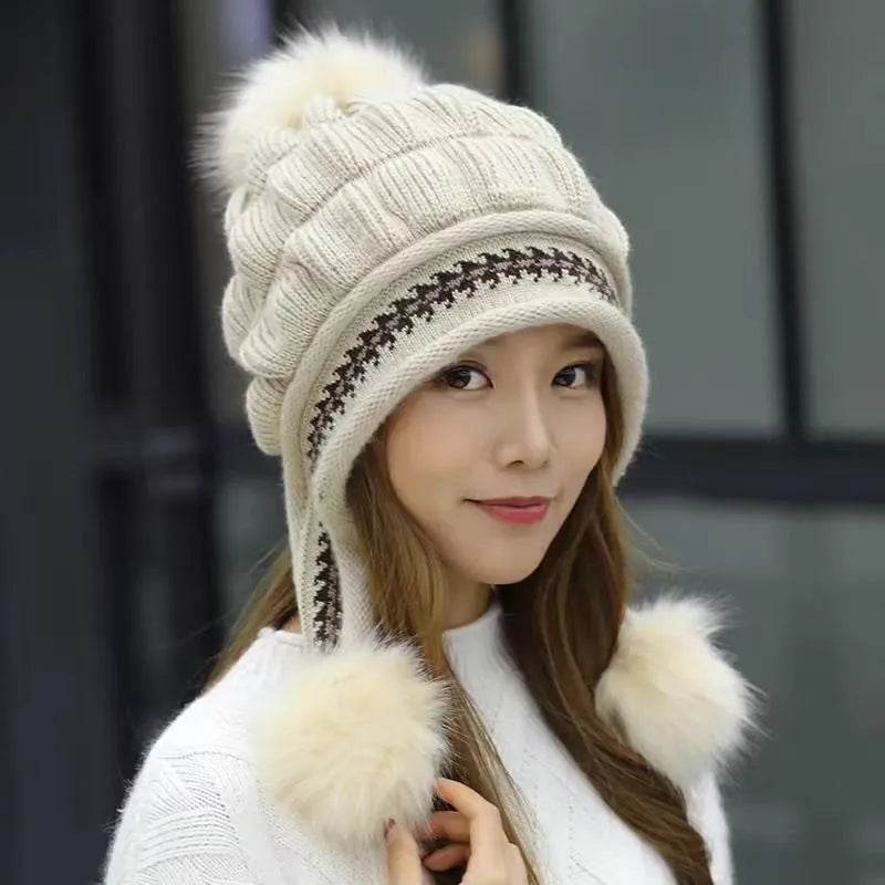Women Cozy Knit Fleece-Feel Beanie With Ear Flaps Winter Hat Perfect For Skiing & Outdoor Activities - EX-STOCK Canada
