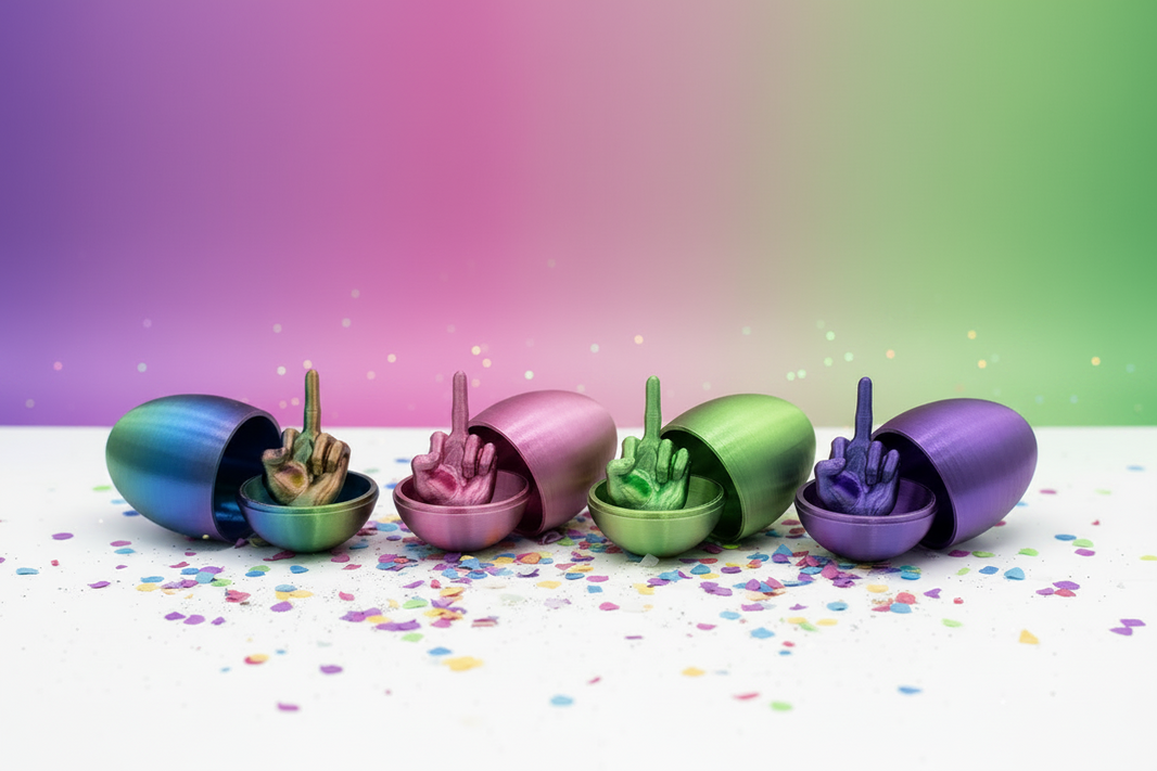 Four metallic Easter egg-shaped containers on a white surface with scattered confetti, each cracked open to reveal a small green middle finger figurine inside. The eggs are blue, pink, green, and purple, set against a pink-to-green gradient background.