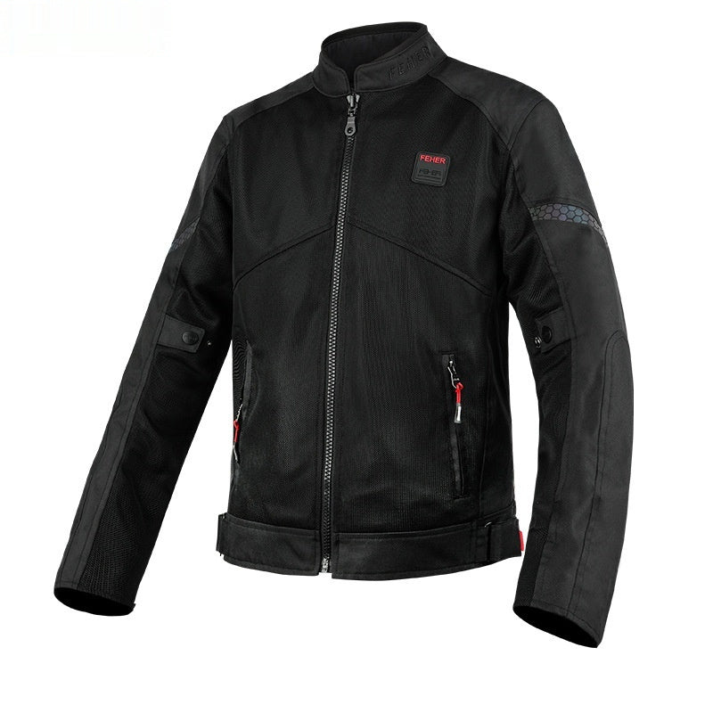 Black motorcycle jacket with brand logo on a white background