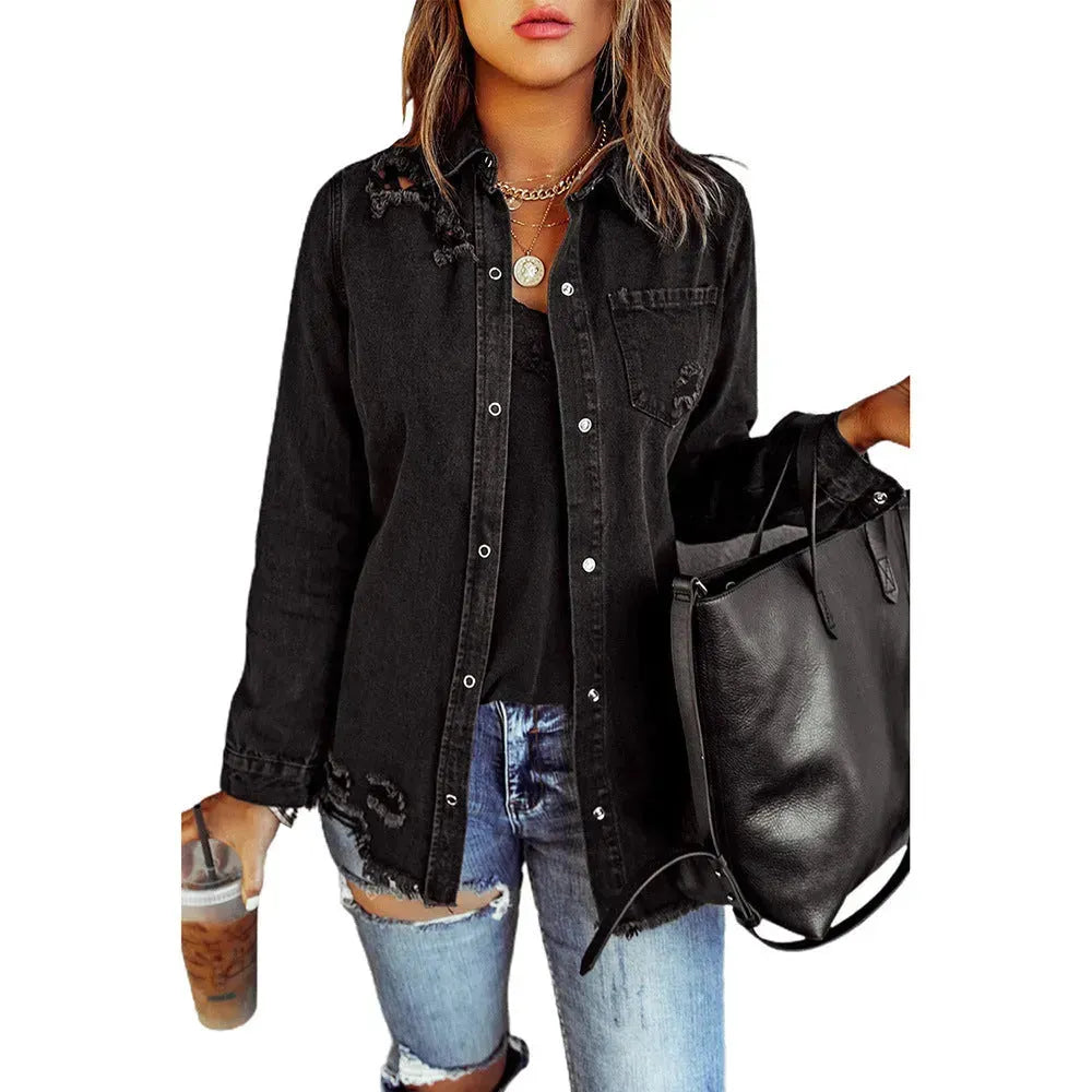 Black Ripped Shirt Denim Long Sleeve Coat Jacket Women - EX-STOCK CANADA