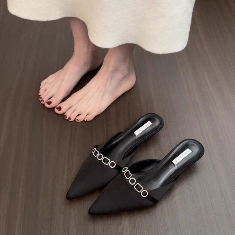 Women's French Style Satin Slide Sandals, Sparkling Rhinestone Embellished Pointed Toe Low Heel Slip-On Mules, 2025 Summer New Collection, High-end Outdoor Wear 