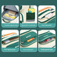 Multifunctional green and white pouch with various compartments on a teal background
