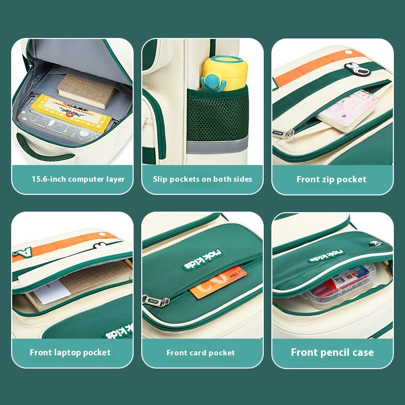 Multifunctional green and white pouch with various compartments on a teal background