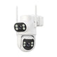 White outdoor security camera with dual lenses on a white background