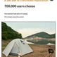 Promotional graphic for International Federation of Camping (FICC) featuring a gray dome tent pitched by a lake with a hiker nearby, above the text 'A decade of continued reputation' and '700,000 users choose'.