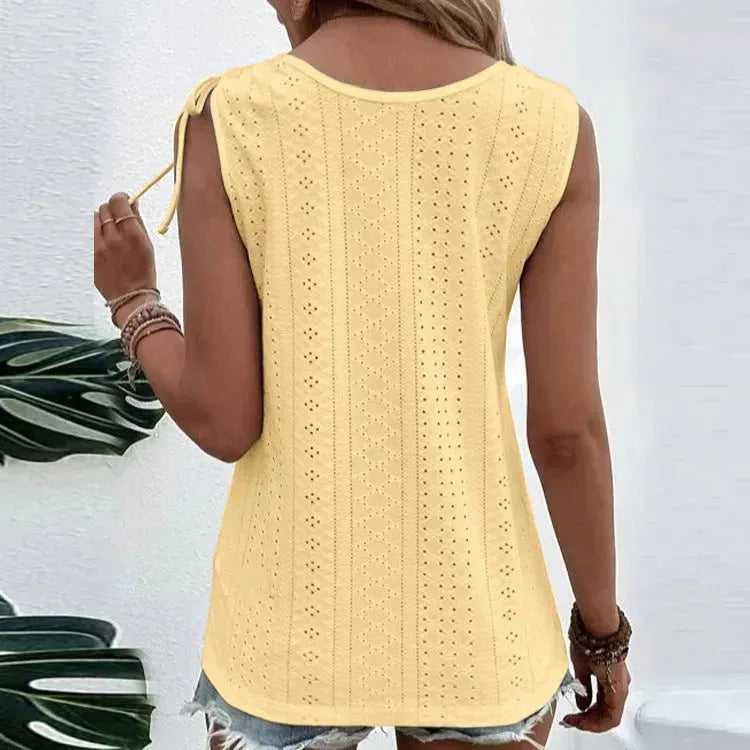 Casual summer U-neck Vest Women Shoulder With Bow Tie Summer blouse top - EX-STOCK CANADA