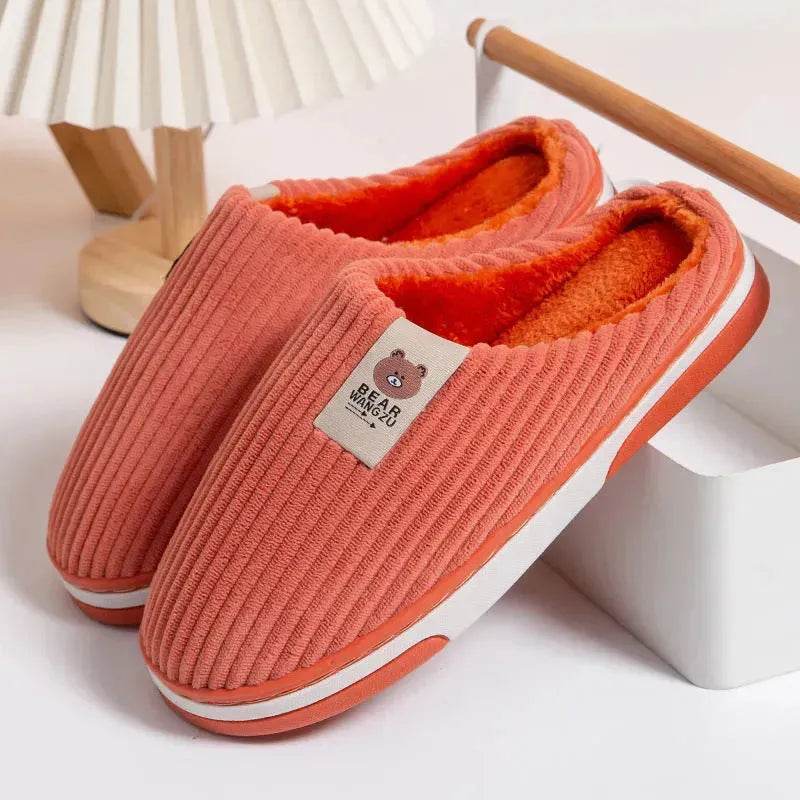 Solid Color Striped Slippers For Women Thick-soled Anti-slip Indoor Warm Plush Home Shoes Couple Women Men Slipper Winter - EX-STOCK Canada