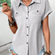Lapel Shoulder Pleated Pocket Short Sleeve Top Shirt T-shirt Women - EX-STOCK Canada