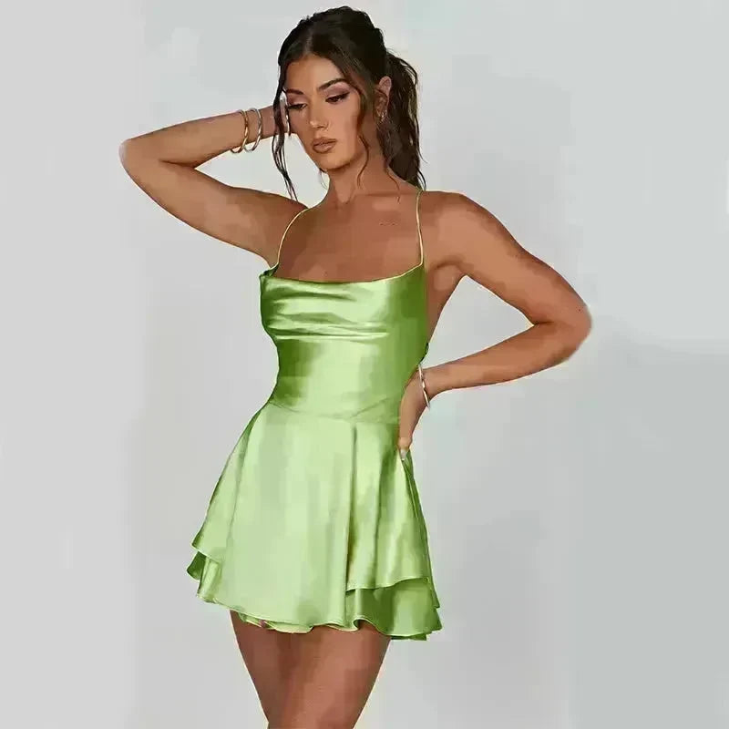 Elegant Chic Skirt Dress For Women Elegant Slim Strap Satin Backless Lace Up Ladies Party Mini Skater Dress - EX-STOCK CANADA