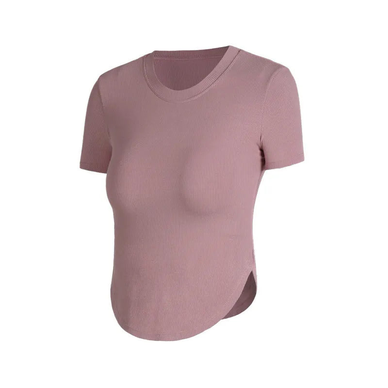 Rib Sports Short-sleeved Blouse With Chest Pad Workout Clothes Running T-shirt Beauty Back Tight - EX-STOCK CANADA
