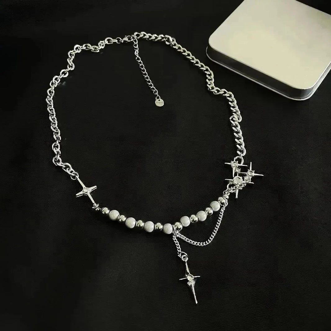 Unisex Style Eight-pointed Stars Reflective Pearl Stitching Necklace - EX-STOCK CANADA