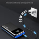 A black and blue 65W portable power bank shown with a white wall outlet and charging cable, with marketing text in English highlighting fast charging and quick battery return.
