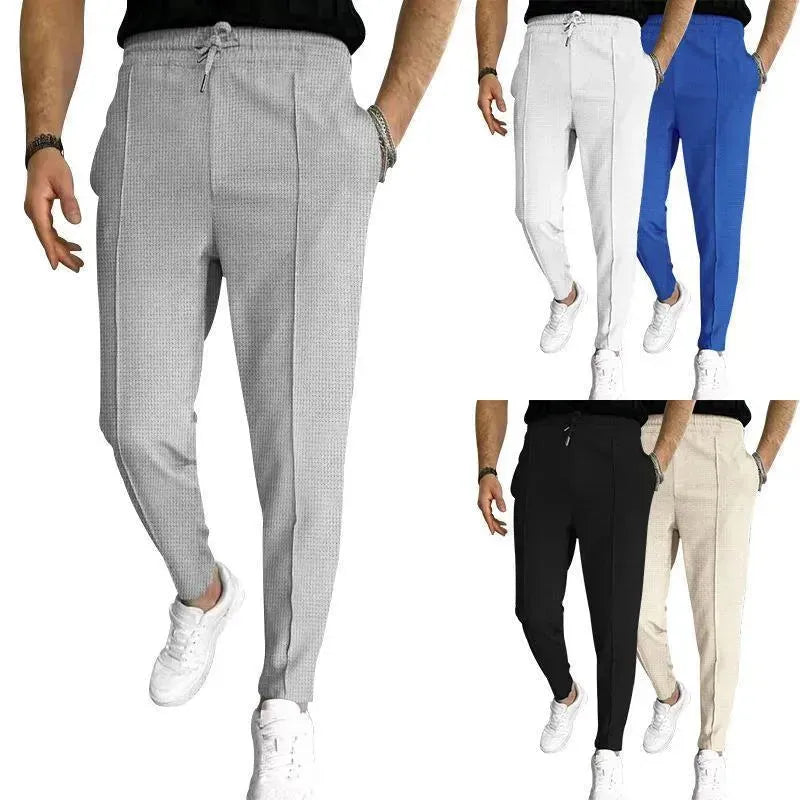 Men's Casual Fashion Waffle High Waist Drawstring Elastic fitted straight leg Pant - EX-STOCK CANADA