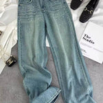 Starry Diamond In The Debris Rhinestone Straight Baggy Jeans Pant For Women - EX-STOCK Canada