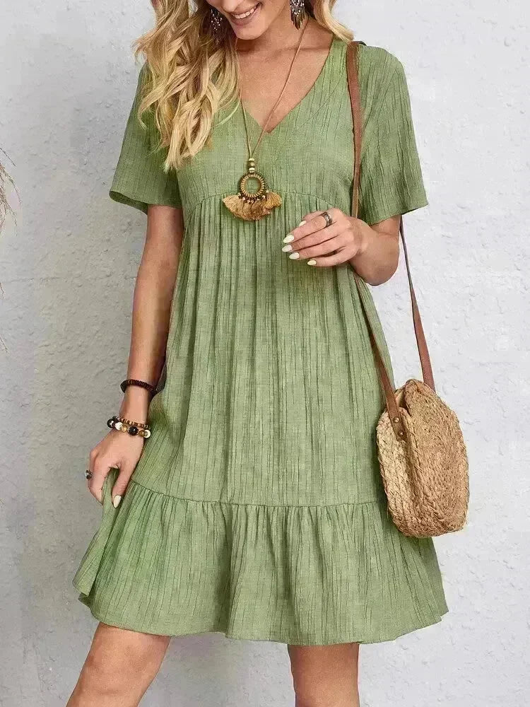 Summer Beach  V-neck Dresses Women's Loose Casual Short-sleeved Loose Skater Dress for Chic Ladies - EX-STOCK CANADA