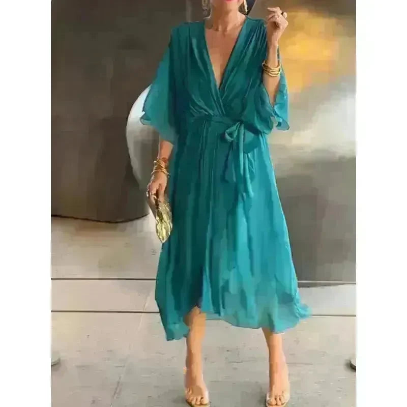 Batwing Sleeve V-neck Dress Summer Pure Color Tied Irregular Wrap Midi Dresses for Women - EX-STOCK CANADA