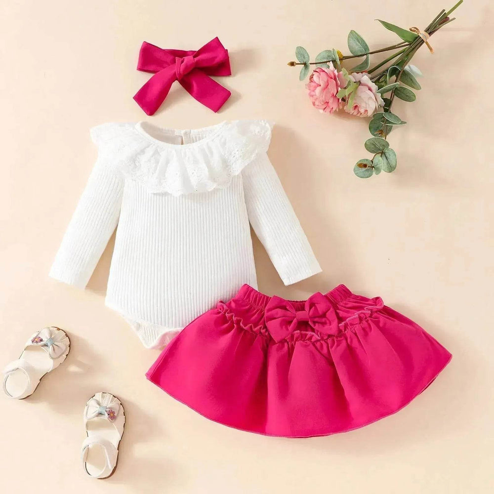 Two piece Baby Girl Lace Ruffles Long-sleeve romper Bow Skirt Hair Bowtie Band baby girl outwear - EX-STOCK Canada