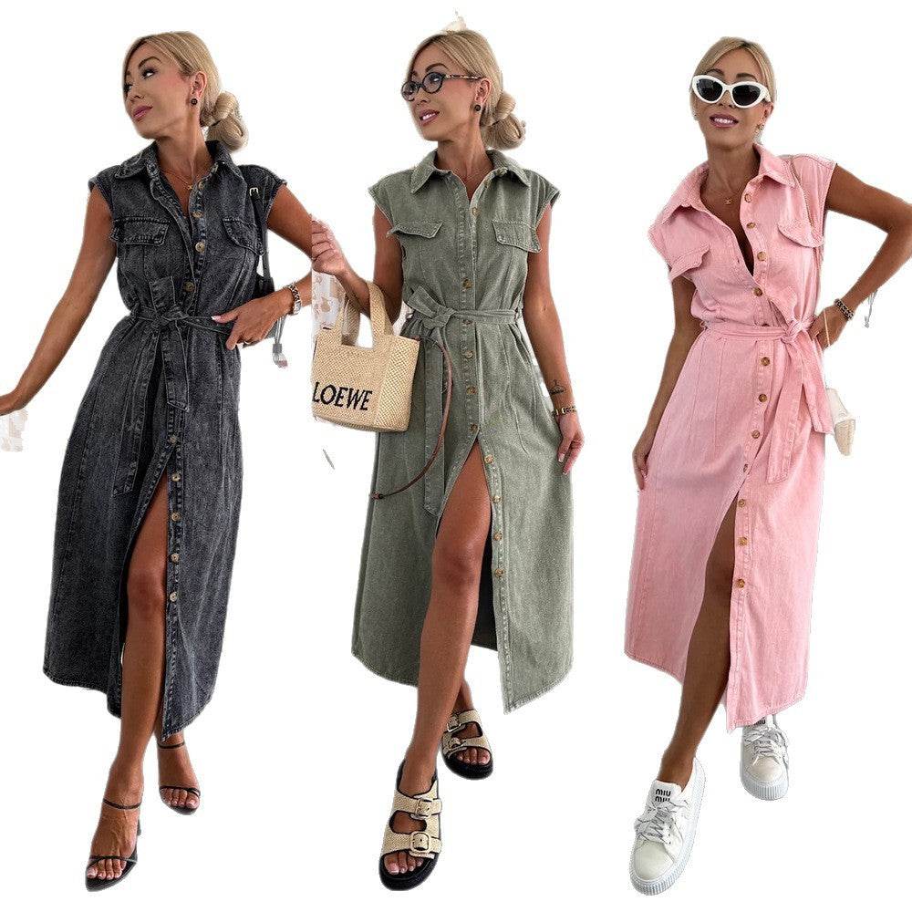 Women's Casual Sleeveless Lace-up Long Dresses Fashion Pockets Solid Party Office Elegant Lapel Single Breasted Denim Dress Summer  EX-STOCK CANADA