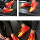 Three-panel collage showing a person wearing bright red and yellow athletic sneakers while standing on a treadmill. The person is dressed in black leggings.