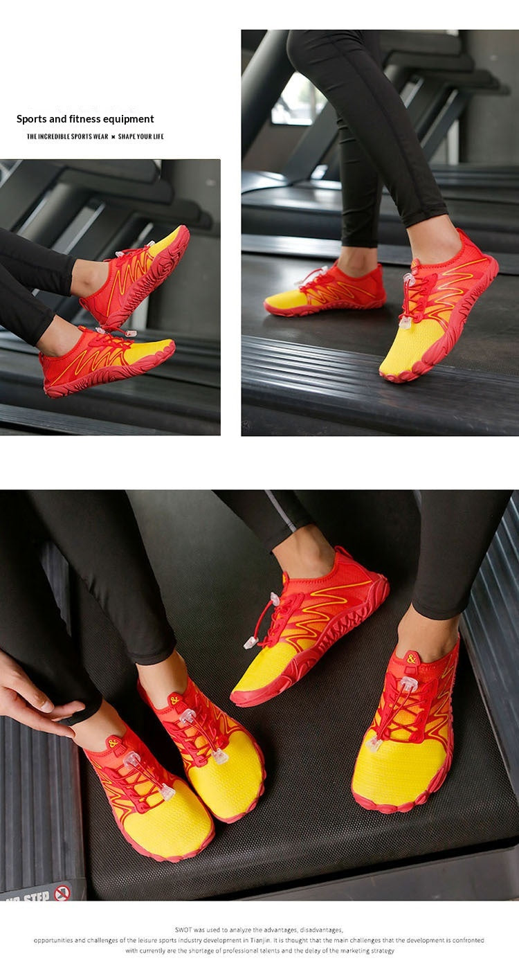 Three-panel collage showing a person wearing bright red and yellow athletic sneakers while standing on a treadmill. The person is dressed in black leggings.