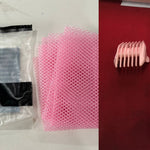 Pink bath sponge and hairbrush set with packaging on a white background