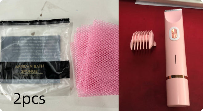 Pink bath sponge and hairbrush set with packaging on a white background