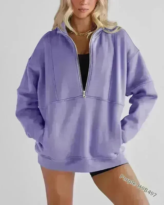 Women's Half Zipper Pocket Fashion Casual Exercise Oversized Sweatshirt Pullover - EX-STOCK CANADA