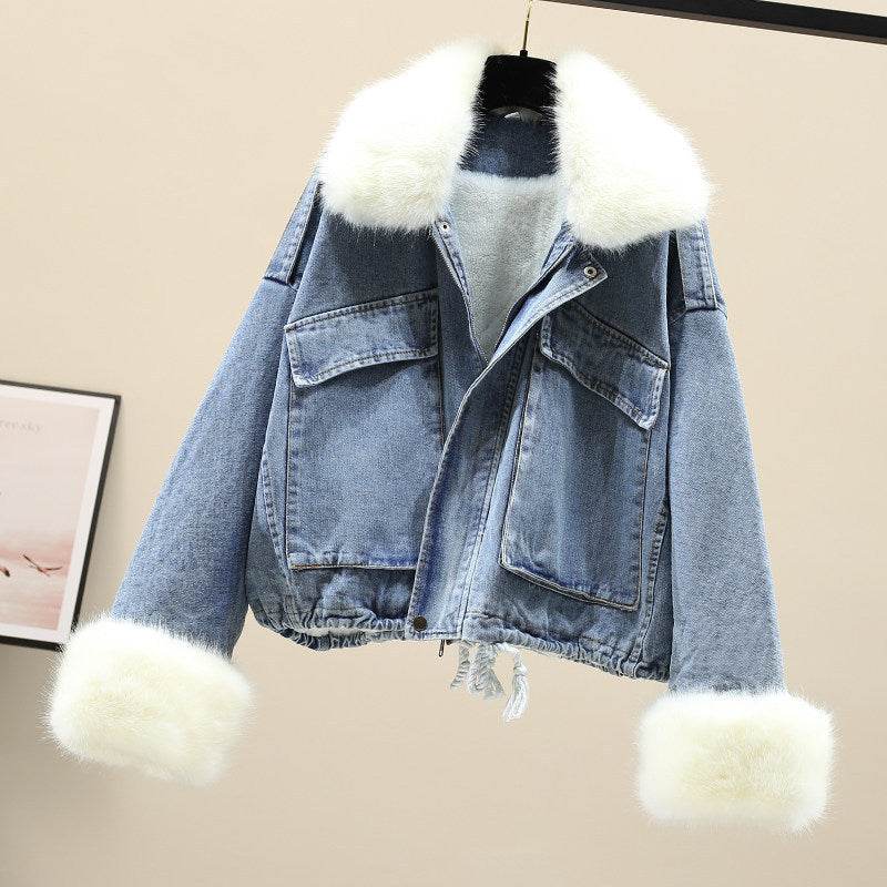 Furry Collar Denim Pie Overcoming Loose Plus Fleece Jacket Women EX-STOCK Canada 