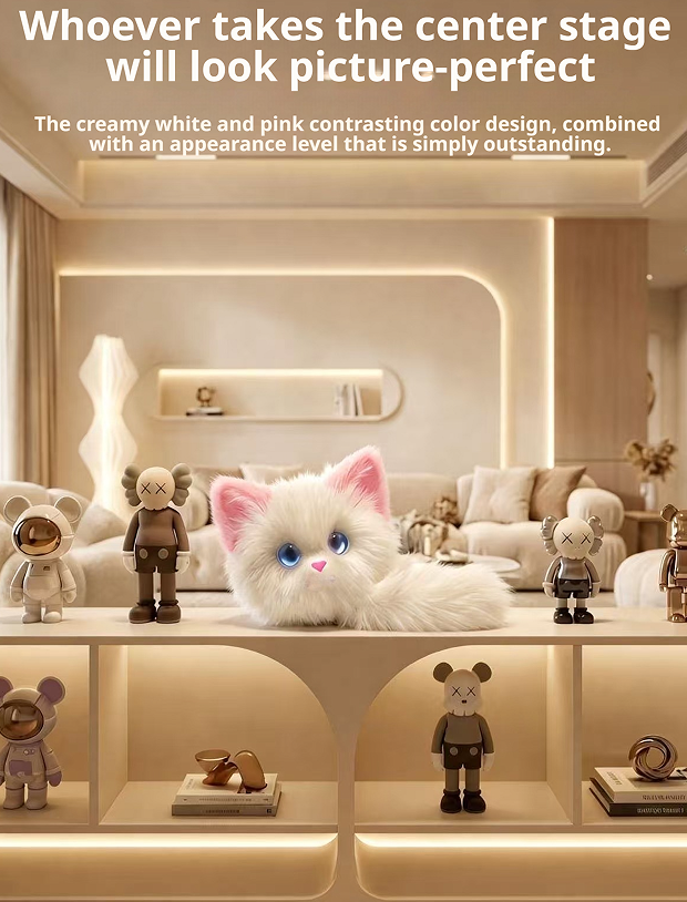 A fluffy cream-white cat with pink ears and bright blue eyes sits centered on a lit shelf in a warm beige living room, surrounded by small toy figures. Promotional text appears at the top.